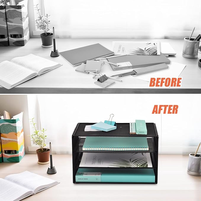 EASEPRES 3 Tier Mesh Desk Organizer Tray, File Paper Letter Folder Holder Desktop Paper Sorter Mail Organization Rack Storage Accessories, for Office Home School Classroom, Black