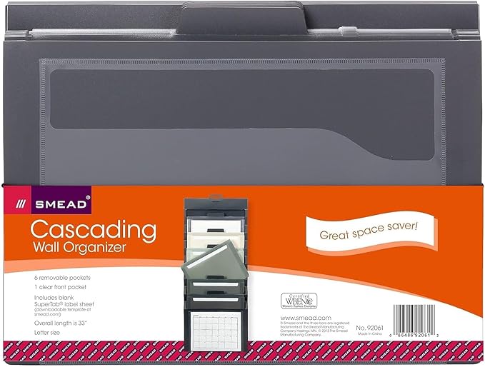 SMEAD Cascading Wall Organizer, 6 Pockets, Letter Size, Gray/Neutral Pockets (92061)