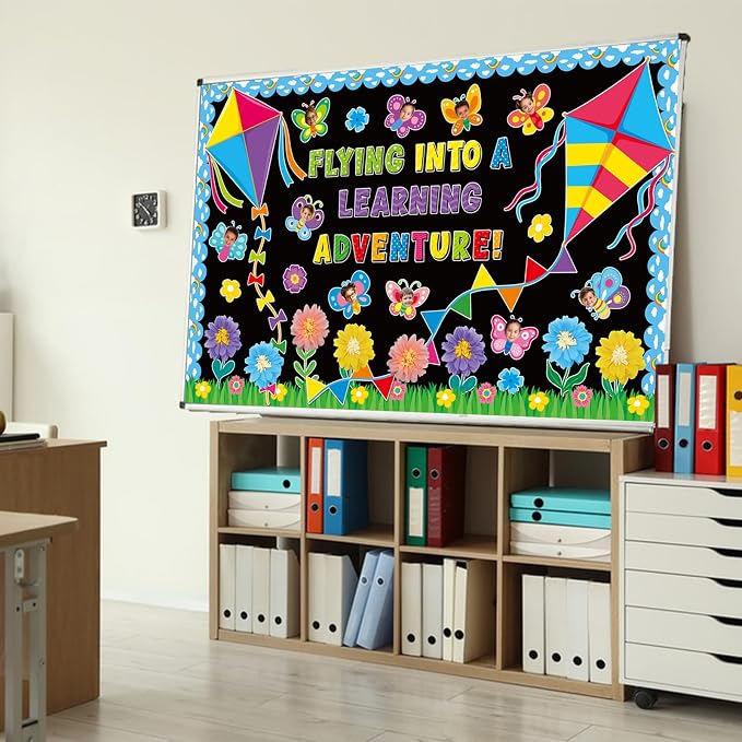 109 PCS Spring Bulletin Board Decorations Set Spring Flower Kite Cutouts with 3D Tissue Paper Pompoms Back to School Classroom Decor Colorful Floral Butterfly Decor for School Office Home Wall Supply