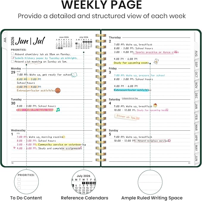 Planner 2026-2027 for Women & Men, Academic Monthly and Weekly Calendar Planner, Jul 2026 - Jun 2027, A5 (6.3" x 8.5"), Teacher Student Planning Book with Tabs, Ideal for Office School Supplies - Dark Green