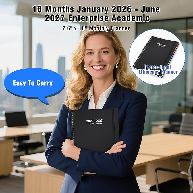 Monthly Planner 2026-2027(7.6'' x 10''), 18 Months Agenda Calendar Planner with Tabs & Pocket, Holidays, Note Pages, Time Management and Hit Your Goals, January 2026 - June 2027, 120GSM Thick Paper