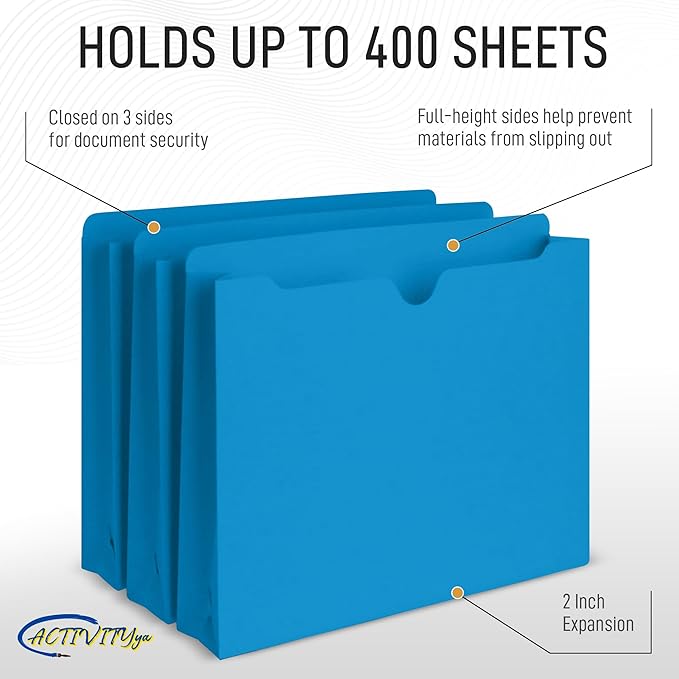 Blue File Jackets, 2 Inch Expansion, Letter Size, Reinforced Straight-Cut Tab, 6 Pack