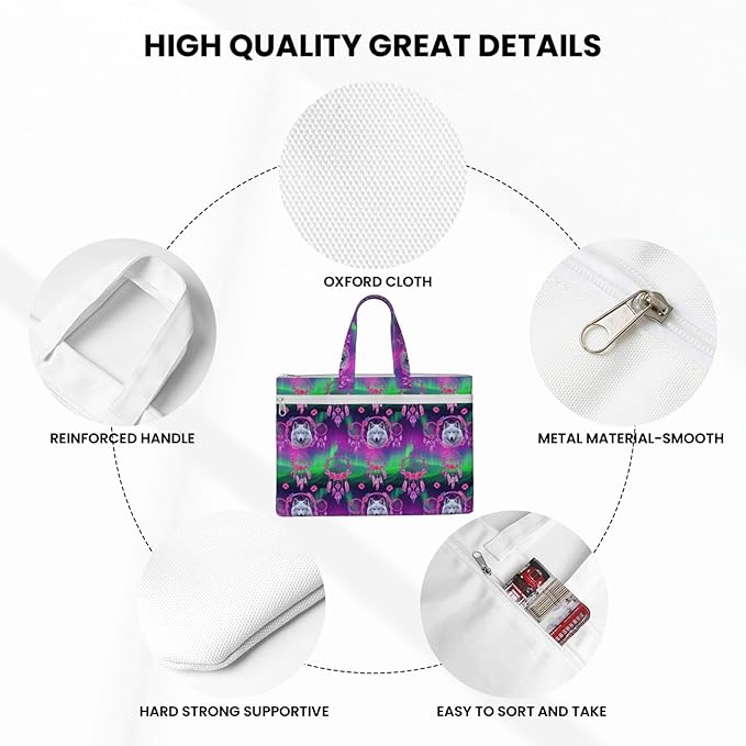 Canvas Fabric Document Briefcase Flower Dream Catcher Boho Wolf, Zipper File Organizer with Handle for Paper Files and Books
