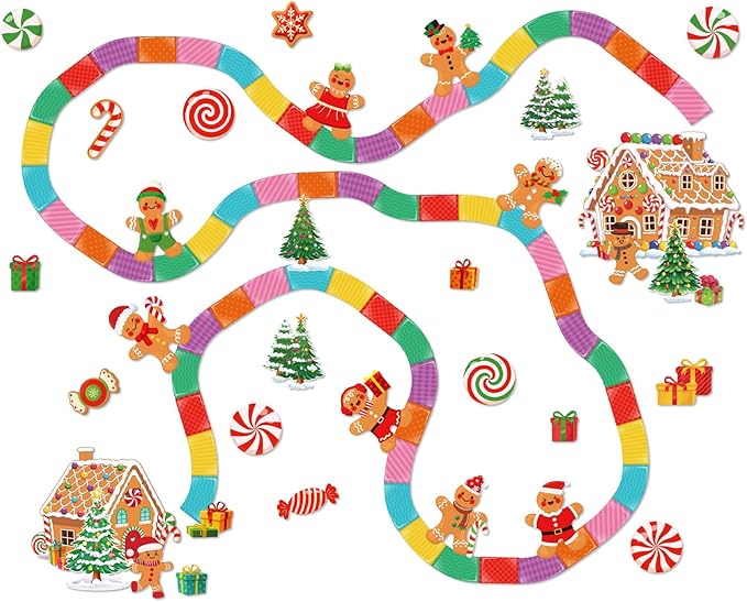 Christmas Bulletin Board Set Gingerbread Man Classroom Decorations - Candy Track Gingerbread House Xmas Tree Cookie and Gift Box Cutouts for Home Wall Door Decor Office Holiday Display
