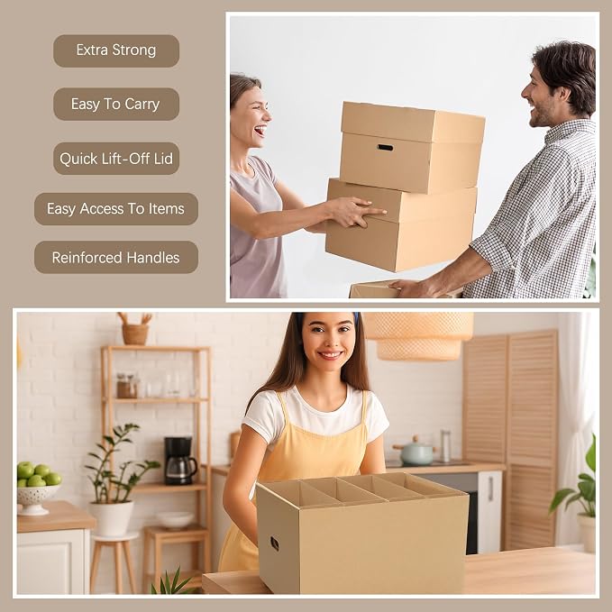 Fuyoooo 2 Pack Large Dish Packing Boxes for Moving with Divider 20 x 15 x 12 Inch Kitchen Moving Boxes with Reinforced Handle Lid Packing Supplies for Dishes and Glassware