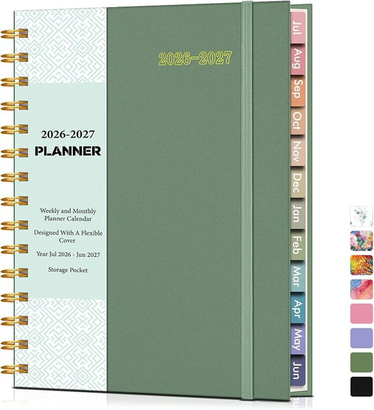 Academic Planner 2026-2027, Weekly and Monthly Calendar Planner from July 2026 - June 2027, 6.1" x 8.2" A5 Large Daily Agenda Book with Tabs, Flexible Cover, College School Organizer for Student Teacher,Green