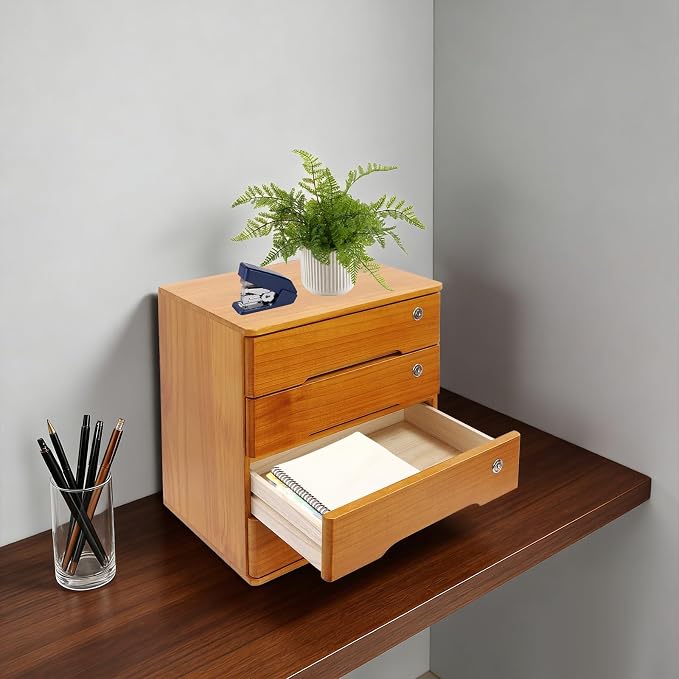 Wooden Desktop Storage Box with Lockable Drawers, Flat File Cabinet Drawer Desktop Storage Box, Countertop Storage Cabinet for Office Home Toiletries Supplies Vanity (Wood yellow, 4 Drawer)