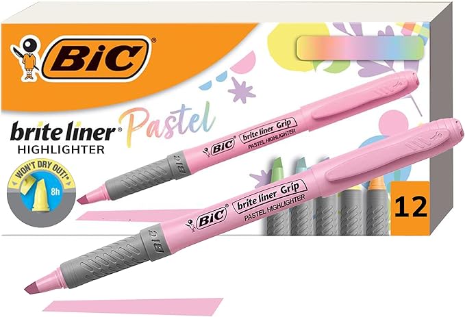 BIC Brite Liner Grip Pastel Highlighter Set, Chisel Tip, Pack of Pastel Highlighters in Assorted Colors (colors may vary), Cute Highlighters for Bullet Journaling, Note Taking and More (Pack of 18)