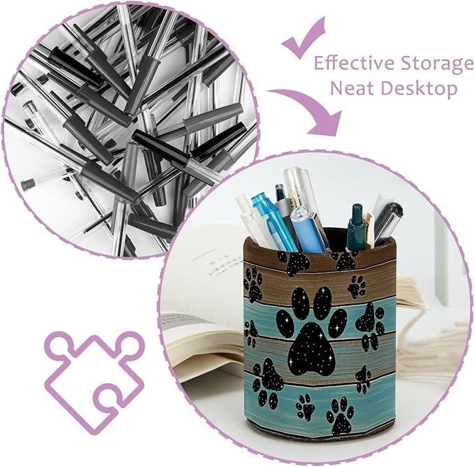 Teal Brown Wood Grain Galaxy Paws Pen Holder Pencil Organizer Cute Pencil Cup Desk Decor Makeup Brush Holder PU Multifunctional Office Supplies for Home Classroom School