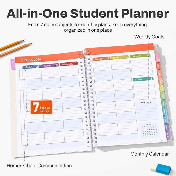 Student Planner 2026-2027, SUNEE Academic Weekly & Monthly Plan Book, Jul. 2026 - Jun. 2027, 6.5"×8.3" Middle & High School Planner, Lesson Plan Book with Week's Goals, Bookmark, Monthly Tabs, Black