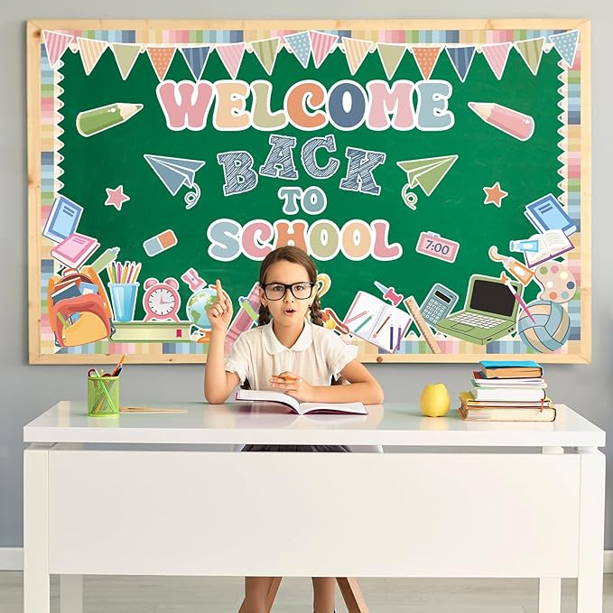 Boho Welcome Back to School Bulletin Board Set First Day of School Classroom Decorations Pencil Notebook Schoolbag Paper Cutouts for Teacher Preschool Elementary Classroom Chalkboard Wall Door Decor