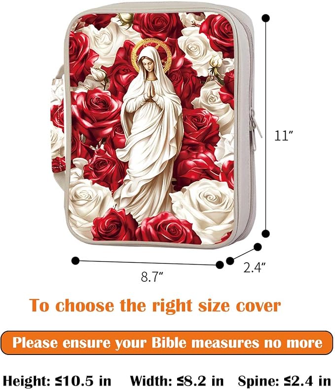 Virgin Mary Bible Cover for Women | Red and White Roses Scripture Case with Zipper and Handle | Large Polyester Bible Bag with Pockets for Church, Study & Travel | Christian Gifts for Women