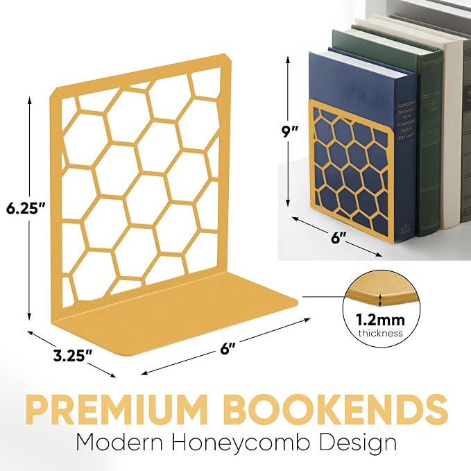 Gold Geometric Honeycomb Metal Bookends - Book Ends for Shelves - Decorative Modern Heavy Duty Bookend Stopper - Book Ends for Heavy Books - Home Office Book Holder - 2 Pair, 6x3.25x6.25 in
