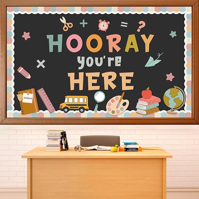QOUBAI Groovy Bulletin Board Set Hippie Pastel Themed Classroom Welcome Bulletin Board Decoration Stationery Paper Cutout Classroom Decoration for Back to School Office Home Chalkboard Decor Wall Door