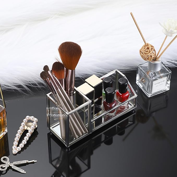 Hipiwe Glass Business Card Holder Metal Pen Pencil Storage Holder for Desk Clear Business Card Display Organizer Case for Office Home,2 Slots,Silver