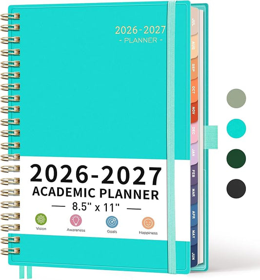 RETTACY Academic Planner 2026-2027, Weekly and Monthly, July 2026 - June 2027, Large Size (8.5" x 11"), Calendar, Agenda, 12-Month Tabs, for Student, Teacher, School (Tiffani Blue)