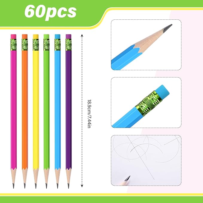 TecUnite 60 Pcs HB Pencils #2 Unsharpened Wood Cased Pencils with Eraser Hexagonal Pencil Cute Graphite No 2 Pen for Adults Gifts Exam School Office Sketching Learning(Rainbow Color, Green)