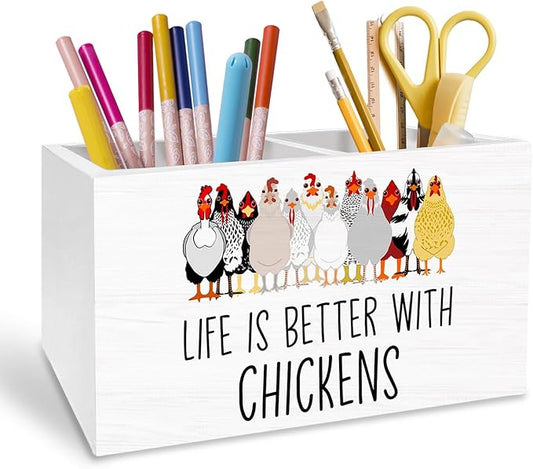 Funny Farm Chicken Pen Holder for Desk, Chicken Lover Mom Lady Gifts Pencil Organizer, Life is Better with Chickens Wooden Box Sign Desk Decor for Home Office Decoration