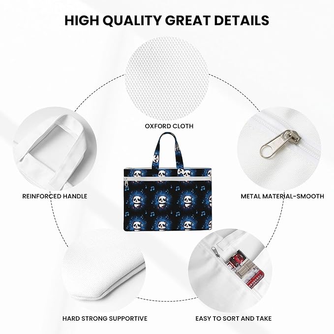 Portable Canvas Zipper File Bag with Handle, Waterproof Document Organizer Panda Animal Headphones Music for Business Travel Storage