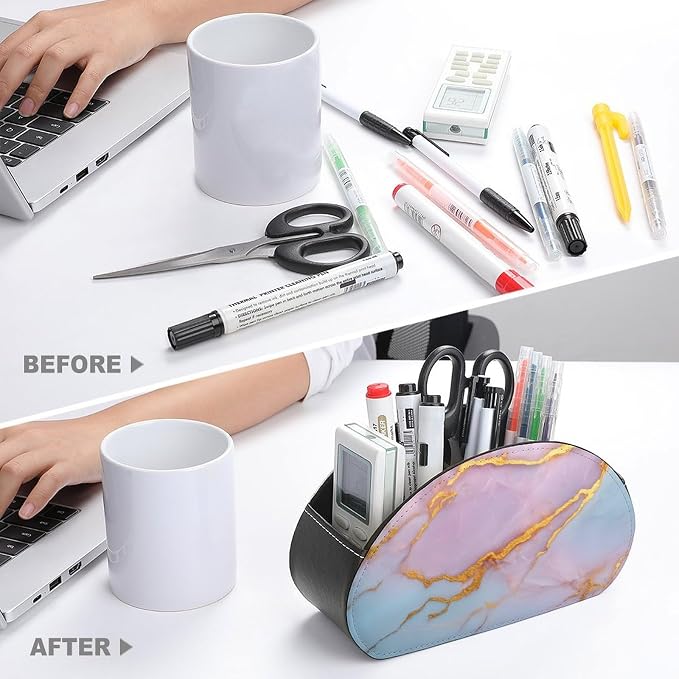 Golden Veins Marble Texture Remote Control Holder with 5 Compartments Leather TV Remote Caddy Remote Storage Box Desktop Organizer for Pen/TV Remotes/Media Controllers/Office Supplies