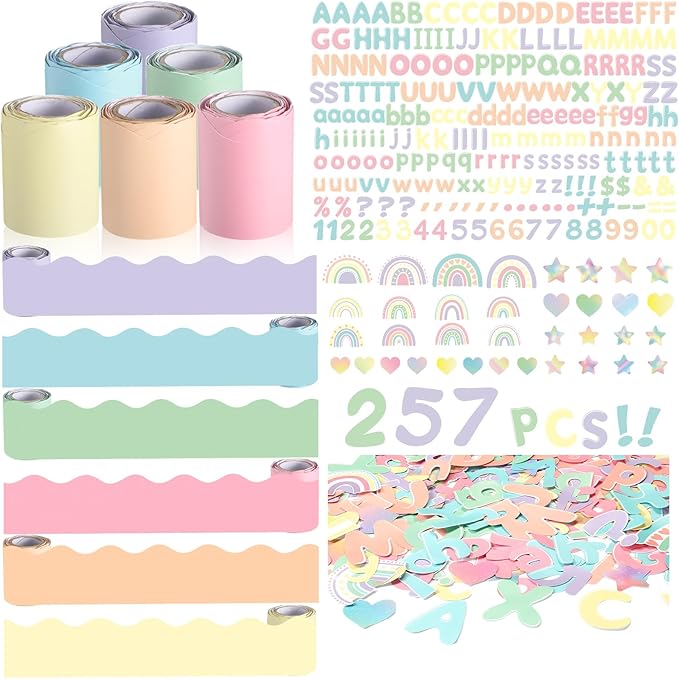 Kosiz Pastel Bulletin Board Decoration Set 118 ft Scalloped Bulletin Board Borders Classroom Poster Border Trim with 257 Pcs Letter Number Symbol Cutout for School Decor