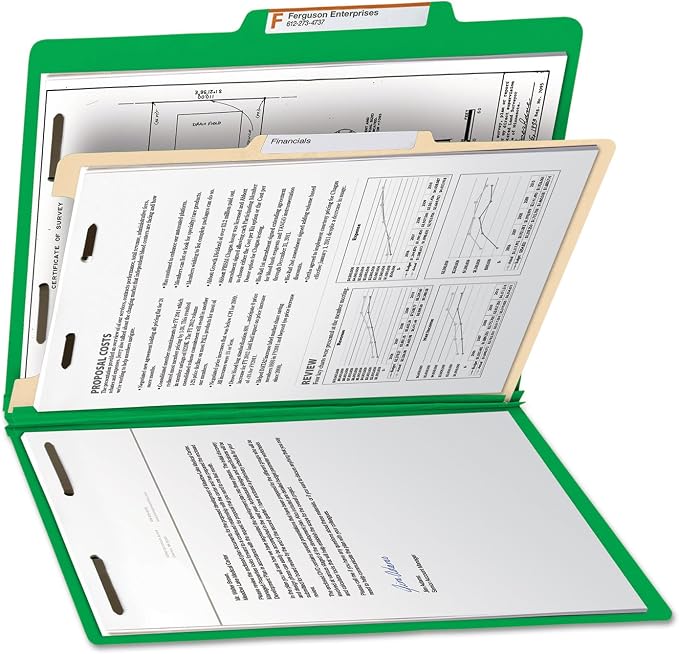 Smead Classification Folder with Prongs, 1 Divider, 2" Fasteners, Letter Size, for Documents Organization, Durable File Organizer for Home, School or Office, Green (13702)