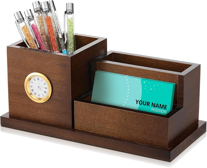Watersay Wood Business Card Holders with Clock Pen Holder Lawyers Gifts for Men and Women Desk Organizer for Attorney Lawyers Professionals Boss Birthday Ideal Gift