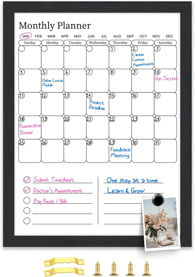 Dry Erase Calendar for Wall, 17x13 inches Magnetic Surface Calendar Whiteboard, 2-in-1 Planner, Vertical Layout to Do List with Black Wooden Frame(YL-SHU-BK,4333)