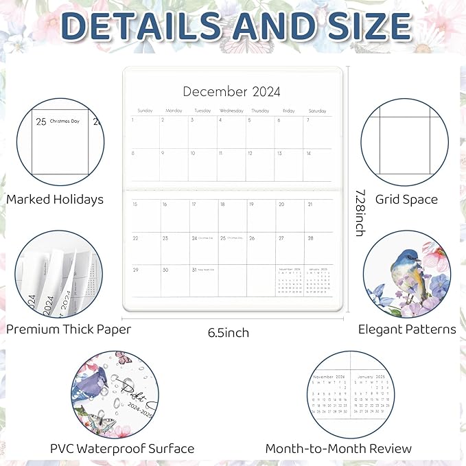 Pocket Calendar 2025-2026, Small Pocket Planner 2026 for Purse, Monthly Planner with Pvc Cover, Small Size (3.5" x 6"), From January 2025 - December 2026 - Bird