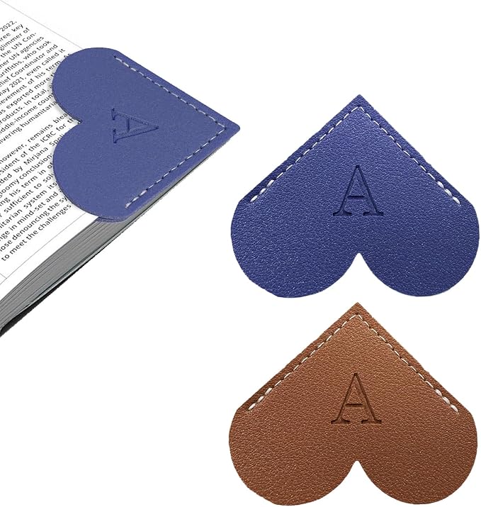 2Pcs Personalized Leather Heart Bookmark with Initial, 26 Letters Custom Corner Page Book Mark for Reading Women, Book Lovers, Teachers, Students, Cute Book Accessories Gifts(Blue+Dark Brown, A)