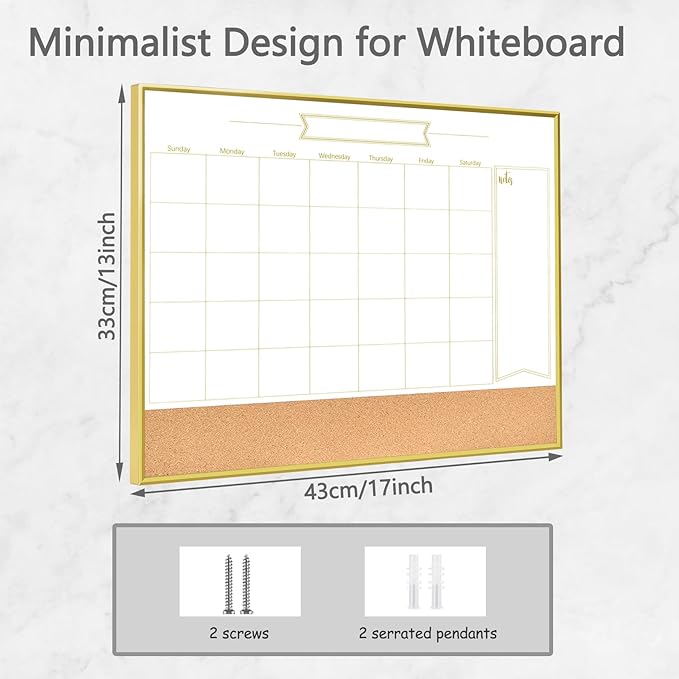 Whiteboard Calendar & Corkboard, 17" x 13" Dry Erase White Board & Bulletin Board, Gold Aluminum Frame Calendar/Cork Combo Board(ZHYL-Gold-3343-B+1)