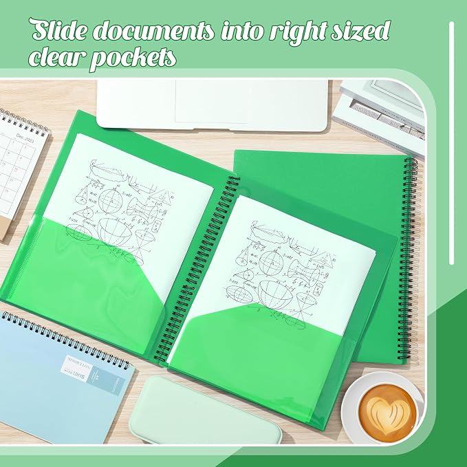 Seajan 8 Pcs 10 Pocket Folder Green Sturdy Plastic Spiral Portfolio Multi Pocket Folder Organizer Document Folders Plastic Spiral Project Organizer for School Office