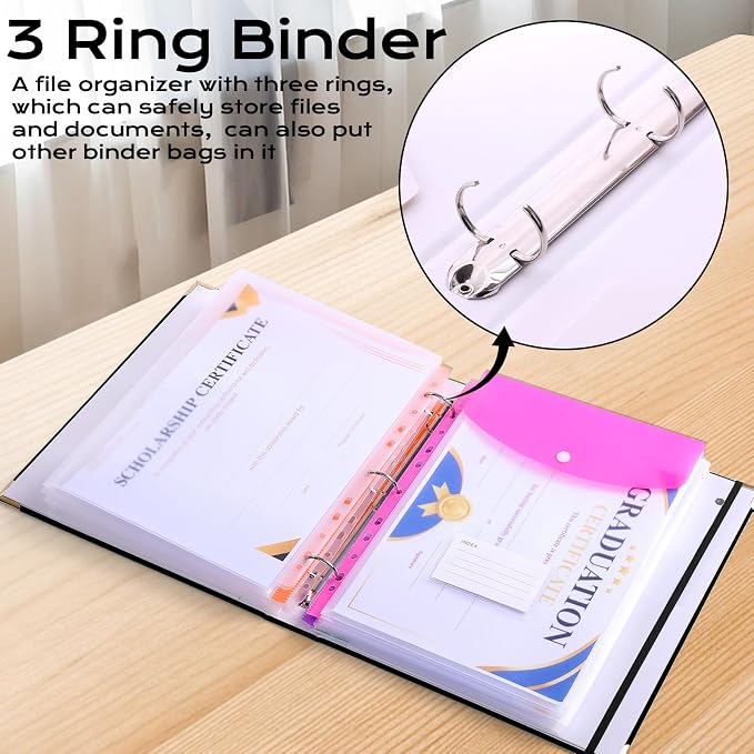 XKDOUS Aesthetic Document Organizer 3 Ring Emergency Binder Linen Folio Folders with 9 Pockets Expanding File Storage Holder for Important Papers, Letters, Passports, Photos