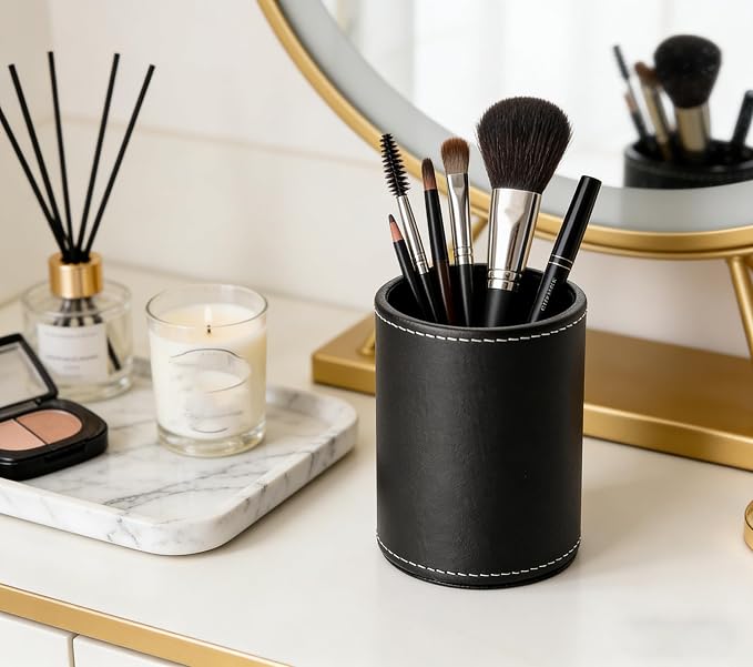 Round Pen Pencil Holder, PU Leather Pencil Cup, Desktop Stationery Organizer, Stand Desk Organizer, Office Accessories Container (Black)