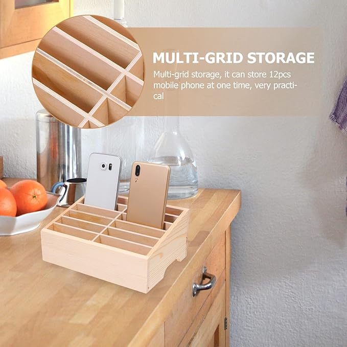 SEWACC 12-Grid Wooden Cell Phone Holder, Mobile Phones and Calculator Storage Box, Multifunctional Desktop Organizer Storage Box for Classroom Office Meeting Room Rack Display