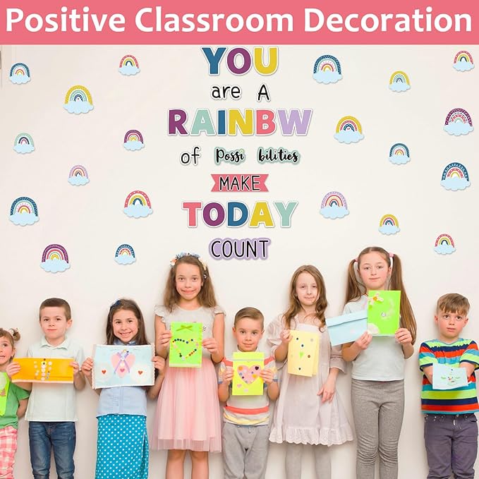 Motivational Rainbow Bulletin Board Cutouts, Happy Sunshine Day Inspirational Positive Classroom Decoration You are a Rainbow of Possibilities Accents for School Chalkboards Wall Decor