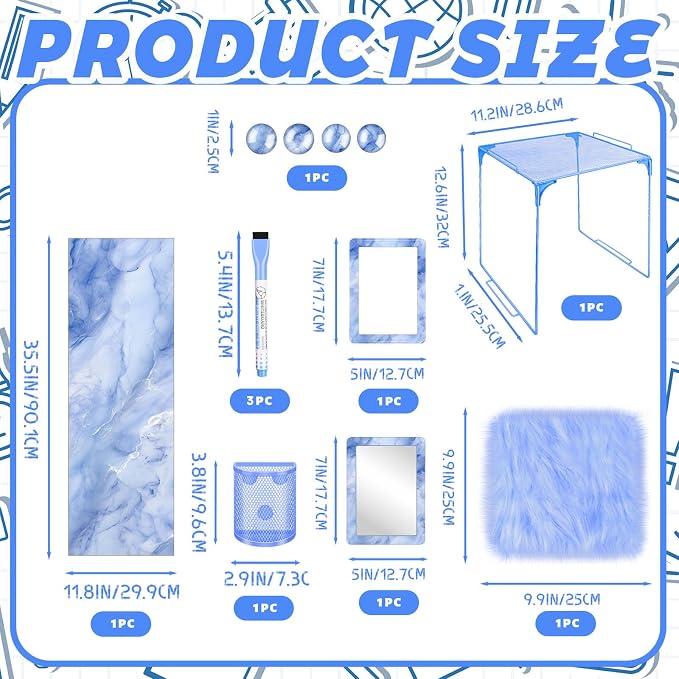 Demonwer Blue Locker Accessories Kit Locker Organizer Magnetic Mirror Whiteboard Pen Holder Small Carpet for Storage Organizing Shelf Back to School Party Supply