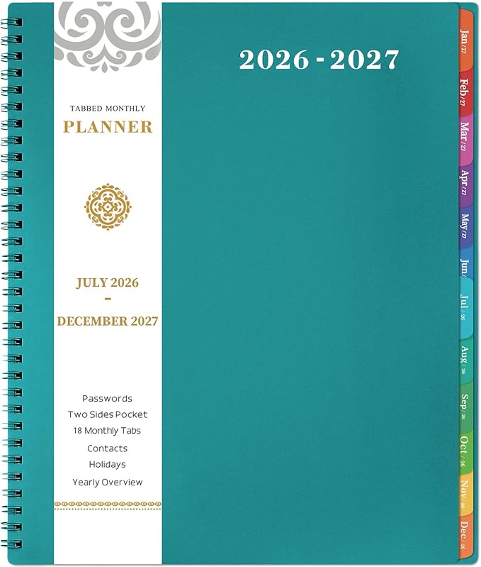 2026-2027 Monthly Planner - Monthly Planner 2026-2027, Calendar 26-27, 18 Month Planners with Tabs & Pocket & Label, Contacts and Passwords, 9" x 11", Thick Paper, Twin-Wire Binding - Blue 2