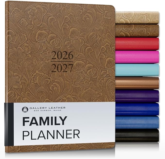 Gallery Leather Family Planner 2027, for moms, Elegantly Bound Calendar Planner and Notebook with Stylish White Page Edges, 18 Months - Floral Espresso - 9x7"
