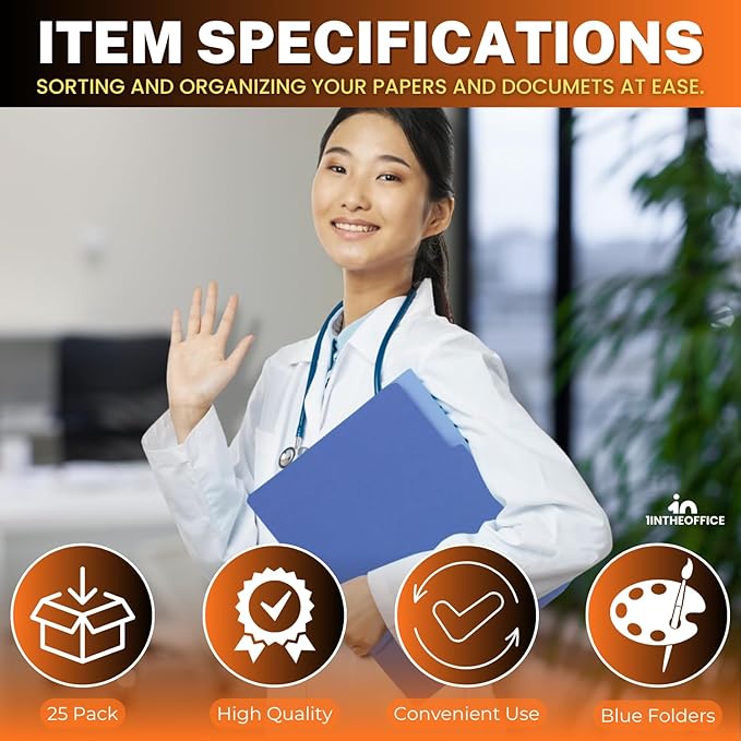 1InTheOffice Blue File Folders Top-Tab File Folders, 3 Tab, Blue Folders, Letter Size, 25/Pack