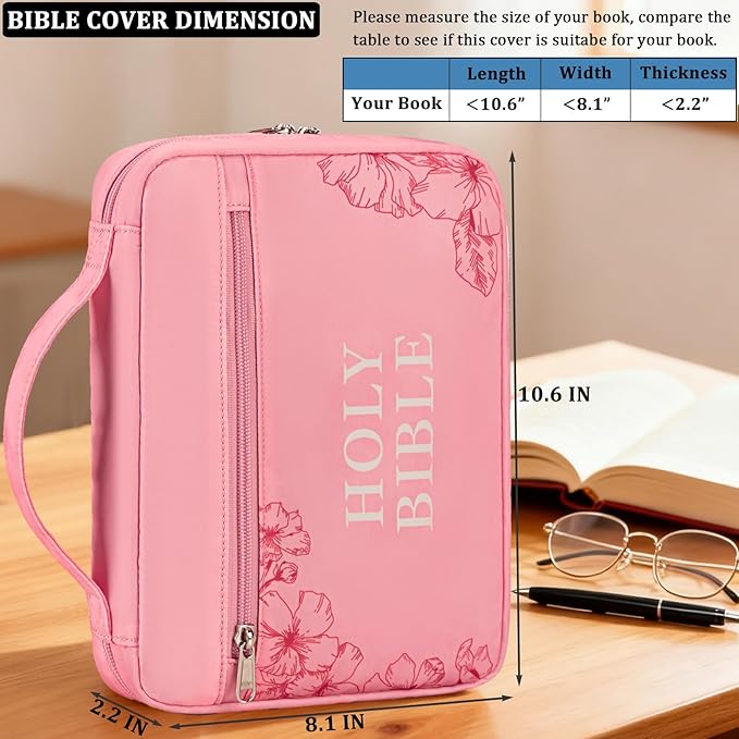 JIANYA Bible Cover for Girls Kids Bible Case Church Bag Childrens Bible Bag with Handle and Zippered Pocket, Floral Pink