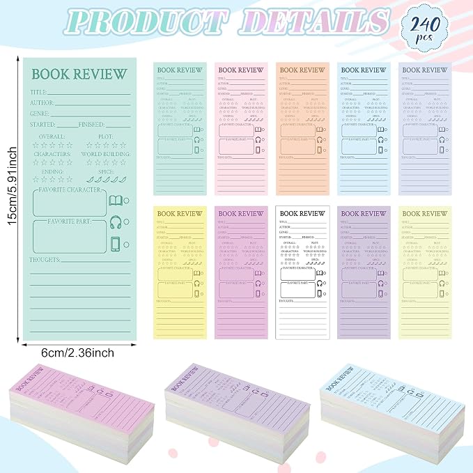 240 Pcs Back to School Teacher Gifts Colorful Book Review Bookmarks Bookclub Gifts Reading Page Cards for Book Lovers Women Students First Day of School Party Supplies(Simple,Multicolor)