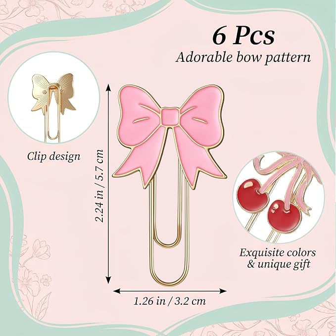 Cute Paperclip Bookmark, 6 Pcs Large Metal Paperclips, Cute Bookmarks, Coquette Preppy Planner Clips for Office Home Supplies Gifts Wedding Decoration