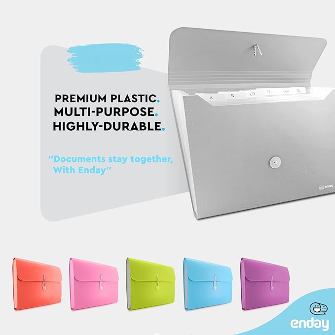 Accordion File Organizer Grey, 7 Pocket Expanding File and Cover Folder with Labels, Plastic Portable Desktop Letter A4 Paper, Also Available in Red, Green, Pink, Blue, Purple, 1 Pc – By Enday