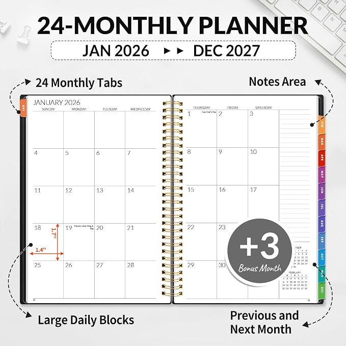 SUNEE 2026-2027 Planner - 24 Months (Jan 2026 - Dec 2027) - 7"x10" Monthly Spreads & Yearly Planner, Black
