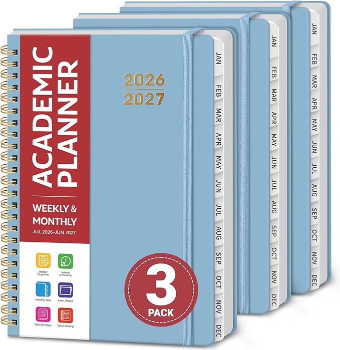Planner 2026-2027 for Women & Men, Set of 3, Academic Monthly and Weekly Calendar Planner, Jul 2026 - Jun 2027, A5 (6.3" x 8.5"), Teacher Student Planning Book with Tabs, Ideal for Office School Supplies - 3 Baby Blue