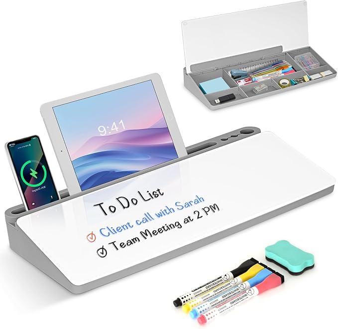 Desktop Glass Whiteboard with Storage, Grey Desk Dry Erase White Board with Computer Keyboard Stand, Desk Organizers and Accessories with Removable Cubicles for Office, Home, College, School