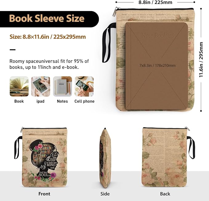 Vintage Girl Love Books Book Sleeve Gifts for Librarian Book Lovers Bookish Friends Teachers with Zipper & Handle, Book Cover Gifts for Book Club Bookworm Women Birthday Graduation Reading Day