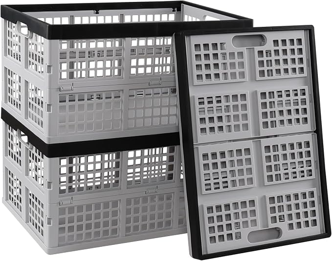 42 L Folding Stackable Storage Crates, Plastic Collapsible Storage Basket, 3 Packs