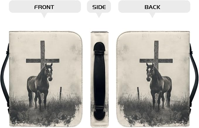 Retro Cross Horse Bible Cover for Women, Soft Leather Bible Case with Zipper Pockets for Pens Waterproof Religious Scripture Carrier for Outdoor Church Events